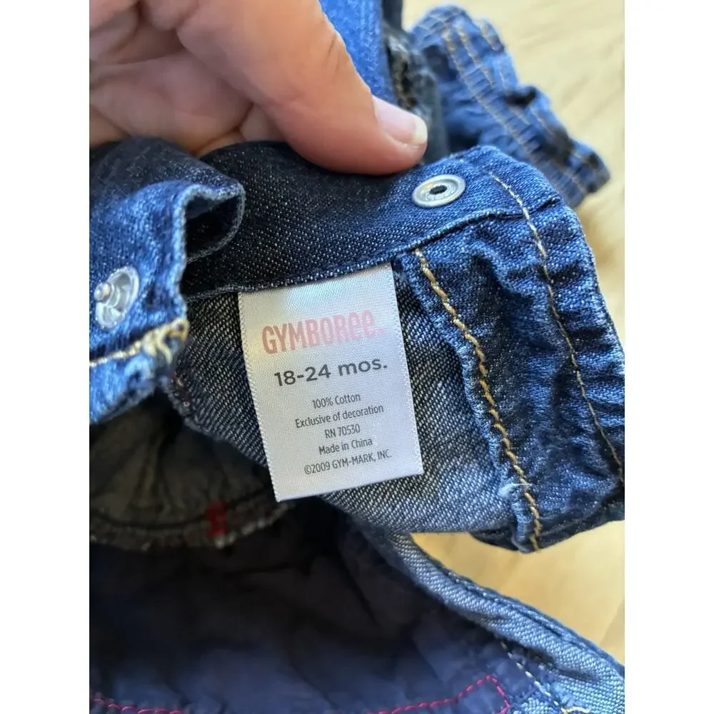 Gymboree Denim Overalls Reindeer Holiday Christmas Girls 18-24M Red Ruffle Trim